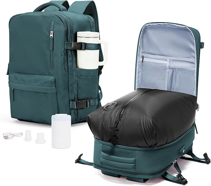 VECAVE Vacuum Travel Backpack with Pump for Women, Personal Item Carry on Backpacks Flight Approved 18x14x8 inches for Men,Laptop Waterproof Work Compression bags Casual Daypack. (Blue)