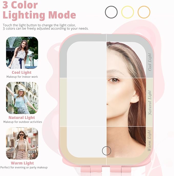 Travel Makeup Mirror, Portable Mirror with 3 Adjustable Light Settings, USB-Rechargeable Vanity Mirror with Lights，Gift for Women and Girls (Pink)