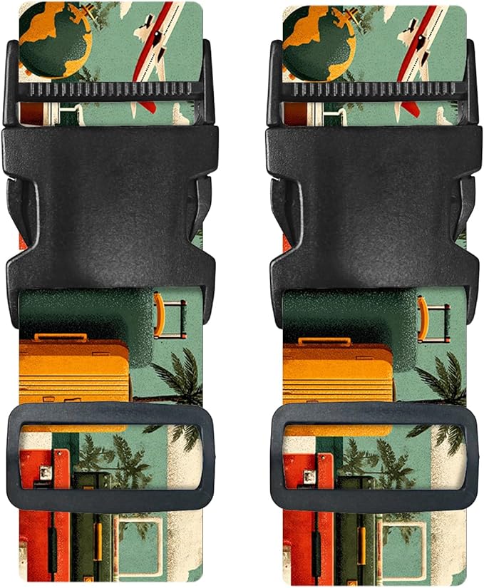 Nuxovilar Luggage Straps of 2 Set Travel Elements Pattern, 1.96x90.5 inches - Luggage Straps for Suitcases, Perfect for Vacation, Beach Trips, Travel Enthusiasts