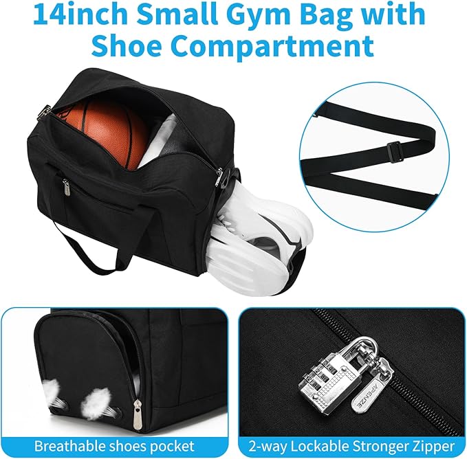 Small Gym Bag 14 inch lightweight Carry On Mini Duffel Bag with Shoe Compartment for Travel Sport - Black