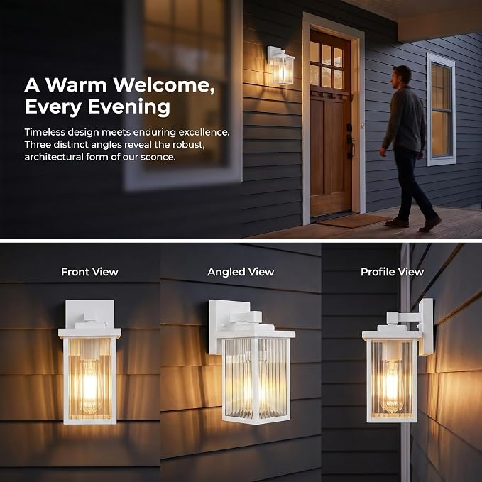 White Porch Light, Waterproof Outdoor Wall Light | Corrosion-Resistant Metal, Textured Glass Cuts Glare, Easy DIY Install on Porch, Garage