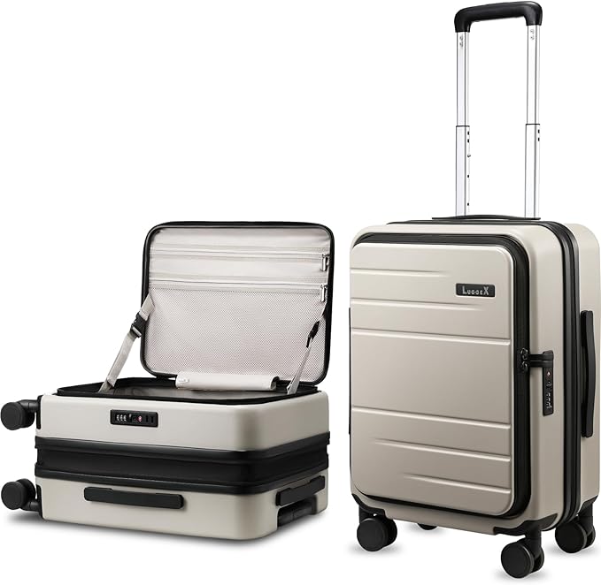 LUGGEX Carry On Luggage Top Opening, FLT Expandable Polycarbonate Hard Shell Suitcase with Wheels (FX-Lite, Beige, 20 Inch, 36L-41L)