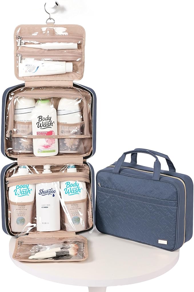 NISHEL Travel Toiletry Bag for women, Portable Hanging Organizer for Family-Sized Shampoo, Conditioner, Brushes Set, Makeup Accessories, Extra Large Size, Aegean-Blue