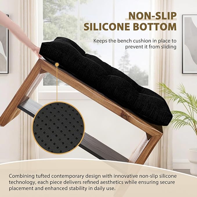 downluxe Indoor Bench Cushion for Indoor Furniture, Non-Slip Tufted Overstuffed Textured Foam Bench Seat Cushion, 42" X 16" X 4", Black, 1 Pack