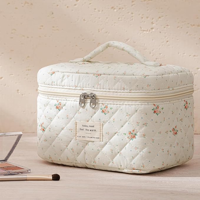 HBselect Quilted Makeup Bag, 3PCS Cotton Large Travel Makeup Bag, Cute Floral Coquette Make up Bag Cosmetic Bag Toiletry Bag for Women Girls