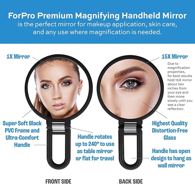 ForPro Professional Collection Premium Magnifying Handheld Mirror, 1X/15X Magnification Hand Mirror, Folding Adjustable Handle, for Makeup, Travel, Black