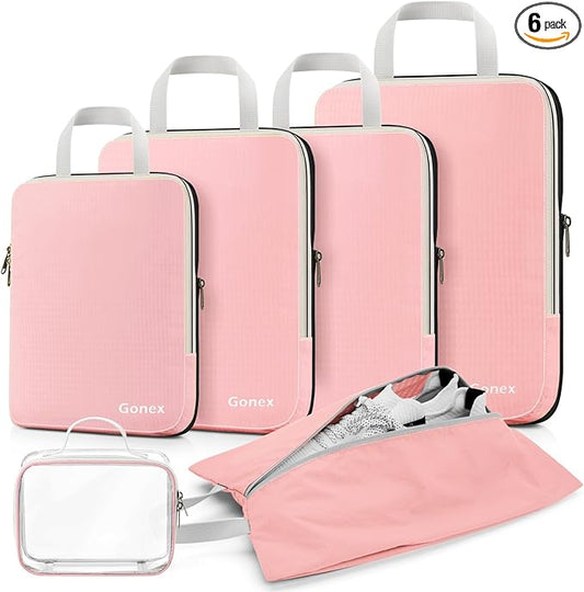 Gonex Compression Packing Cubes, 6pcs Expandable Storage Travel Luggage Bags Organizers with Shoe Bag, Clear Toiletry Bag (Pink)