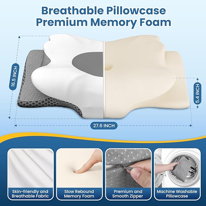 Memory Foam Bed Pillow – Contour Support Pillow for Side & Back Sleepers, Soft Ergonomic Design, Cooling Breathable Cover, Removable Washable Case, King Size, Grey