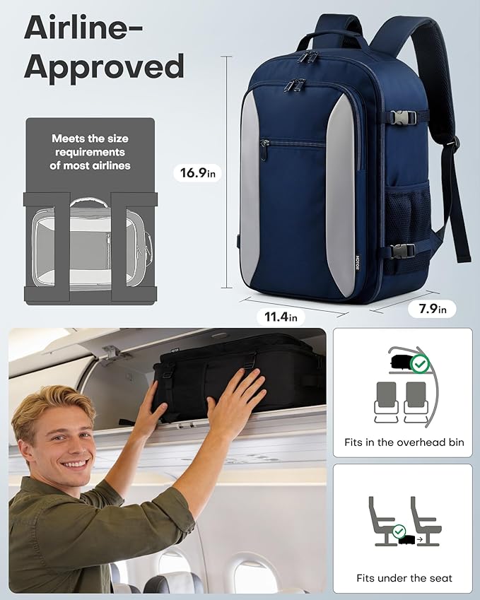 HOTOR Travel Backpack - TSA-Friendly Carry-On Backpack for Men & Women, Internal Luggage Straps & Waterproof Pocket, Perfect for Travel Essentials, Work, Commuting, 16.9" x 11.4" x 7.9", Blue