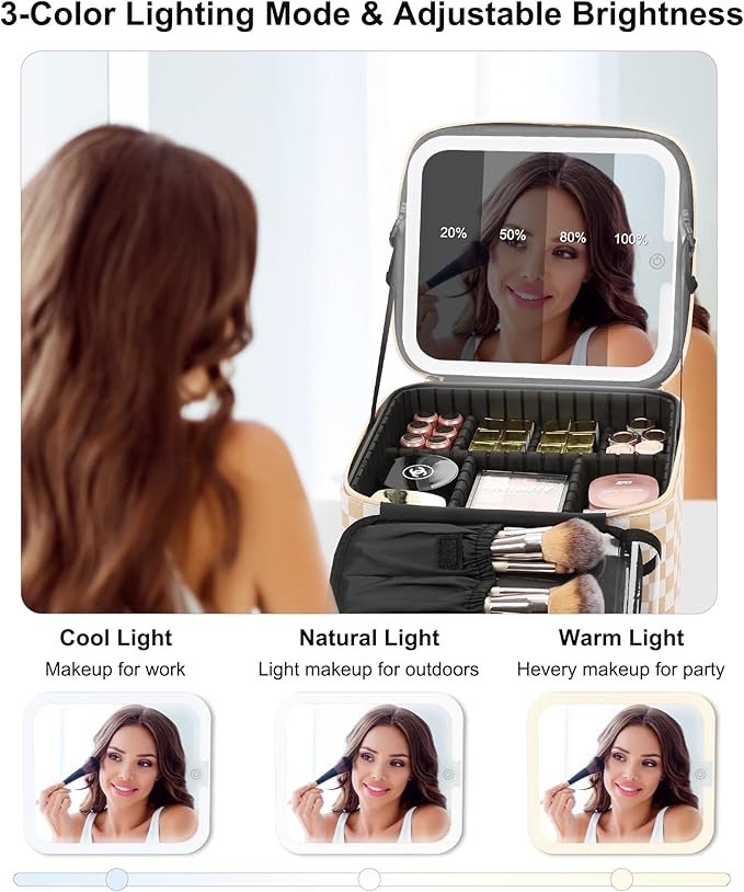 Relavel Travel Makeup Bag With LED Mirror, Cosmetic Train Case with Light up Mirror, Portable Makeup Artist Organizer Bag with Adjustable Dividers, Makeup Brush Holder Storage, Plaid
