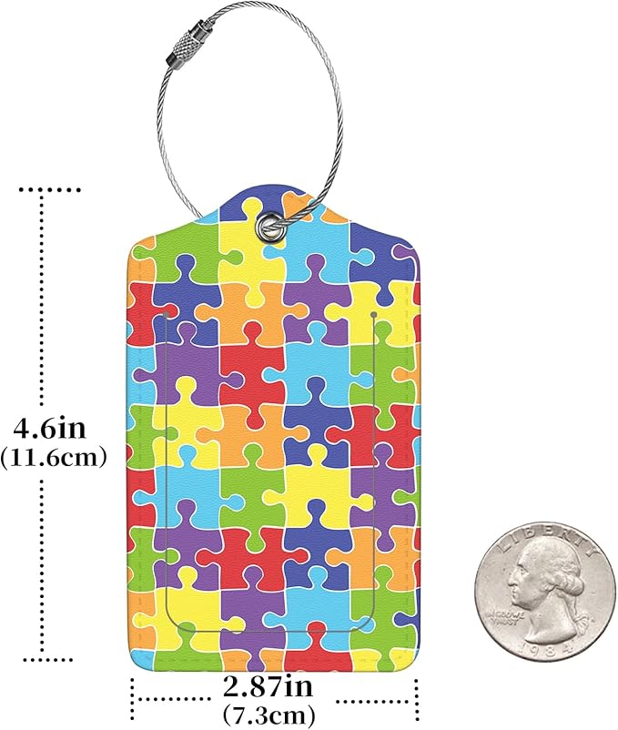 2 Pcs Luggage Tags for Suitcase, Cute Unique PU Leather Travel Bag Tag with Privacy Cover ID Label Address Card and Durable Metal Ring Suitable for Men Women Children Backpack,Jigsaw