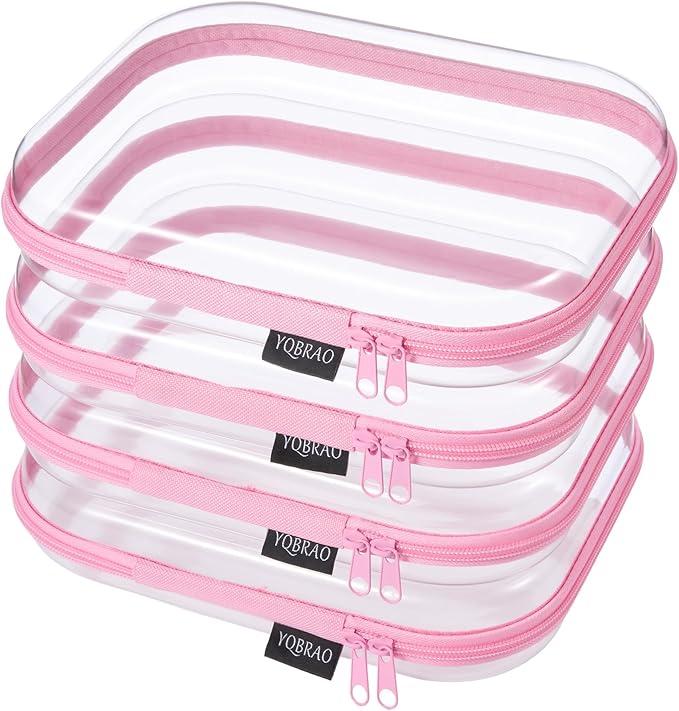 YQBRA 4 Pack Clear Hard Shell Zipper Case, See-Through Hard Plastic Organizer Pouches with Zipper for Travel, Toiletries, Makeup, Toy, Electronics & Pencils - Crush-Resistant Storage (M Pink)