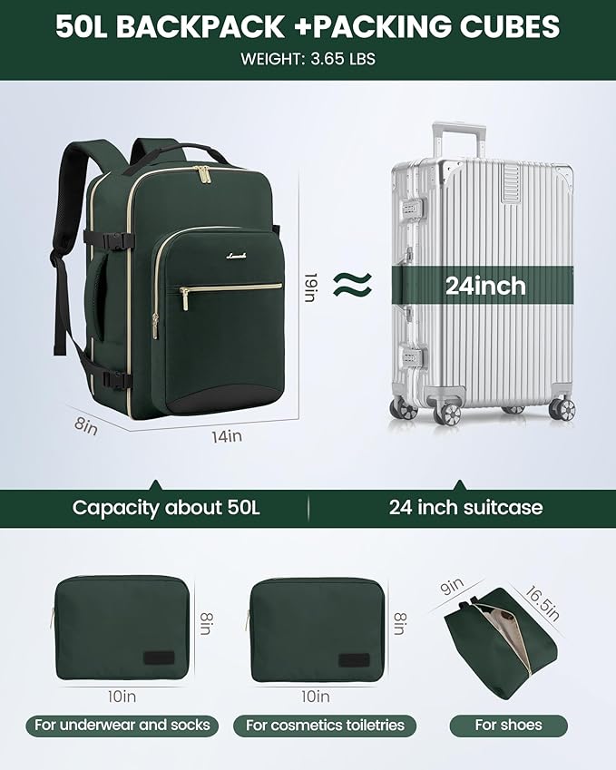 LOVEVOOK Travel Backpack for Women & Men 50L,Airline Approved Carry On Backpack Travel Essentials,TSA Carry on Luggage,Waterproof Personal Item Travel Bag Suitcase,3 Packing Cubes,Dark green-Black-1