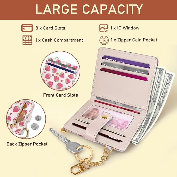 Jogjam Strawberry Rfid Girls Girly Teen Wallet, Small Slim Thin Compact Travel Credit Card Women Wallet, Cute PU Leather Bifold Cash Zipper Coin Pocket ID Window for Female Ladies Gifts