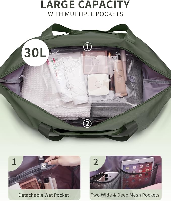 ECOHUB Travel Duffel Bag Water Resistant Weekender Bag Carry On Bags for Women Sport Gym Bags for Men Hospital Bag for Labor and Delivery Overnight Bag Luggage Bag with Trolley Sleeve 30L Army Green