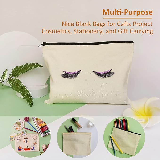 Koolmox Canvas Pouch with Zipper Bulk, 30 pcs 9x7'' Cosmetic Bag Multipurpose Makeup Bag with Zipper Canvas Bag Large Travel Toiletry Pouch DIY Craft Purse Pencil Bag, Blank Beige