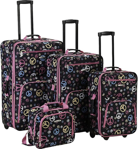 Rockland Fashion Softside Upright Luggage Set, Telescoping Handles, Peace, 4-Piece (14/19/24/28)