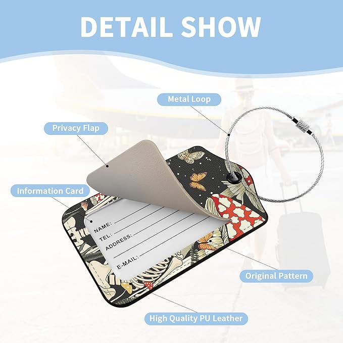 2 Pcs Luggage Tag for Suitcases, Mushroom Skull Funny Cute PU Leather Suitcase Tag Privacy Cover ID Label with Metal Loop, Personalized Baggage Identifier for Women Bag Travel Essentials