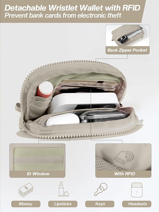 Tiostep Clip and Go Strap for Phone with Wallet Crossbody Phone Lanyard Adjustable and Detachable RFID Wristlet Wallet with ID Window and Zipper, Khaki
