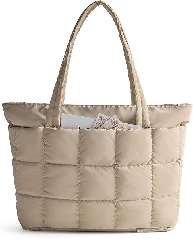 BAGSMART Expandable Tote Bag for Women, Puffer Work Tote Handbag, Quilted Carry On Bag for Travel Gym