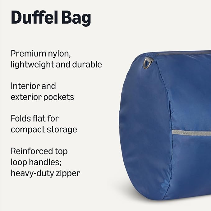 Amazon Essentials Extra Large Foldable Nylon Duffel Bag for Travel/Storage with Zippered Pockets, 32.4", 150L, 50-LBS Capacity, Navy Blue (Previously Amazon Basics)