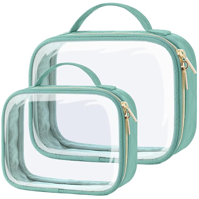 PACKISM Clear Makeup Bag Combo Pack, 1 TSA Approved Medium & Large for Checked Luggage, Clear Toiletry Bag with Handle, Water-resistant Travel Essentials Organizer, Turquoise Green