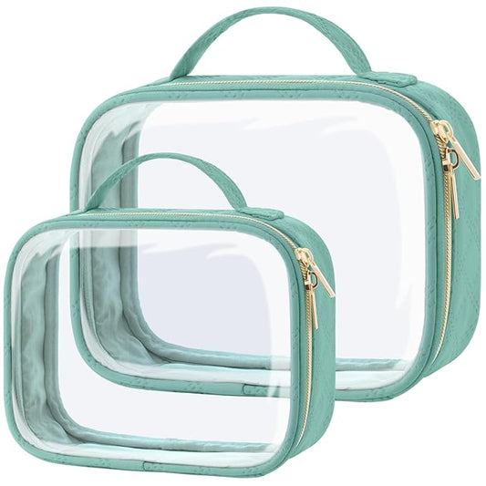 PACKISM Clear Makeup Bag Combo Pack, 1 TSA Approved Medium & Large for Checked Luggage, Clear Toiletry Bag with Handle, Water-resistant Travel Essentials Organizer, Turquoise Green