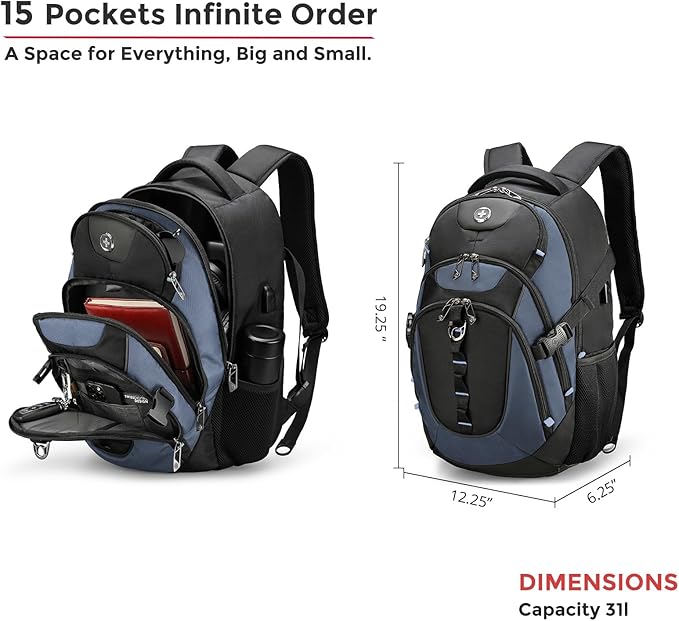 Swissdigital Design Laptop Backpack with USB Charging Port, Travel Backpack Fits 15.6 inches Computer, 31L College School Backpack for Men, Haze Blue/Black | SD803-16