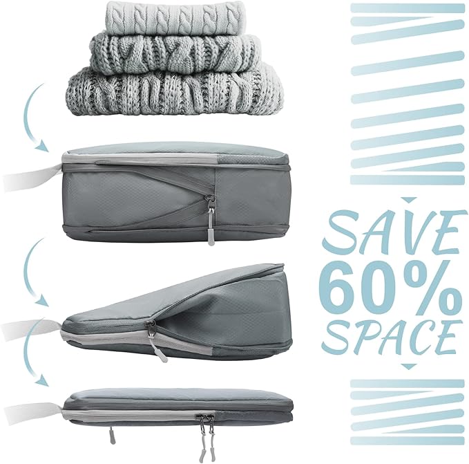WOOMADA Compression Packing Cubes for Suitcases Travel Essentials 8 Set Expandable Travel Bags Organizer for Luggage(concrete grey)