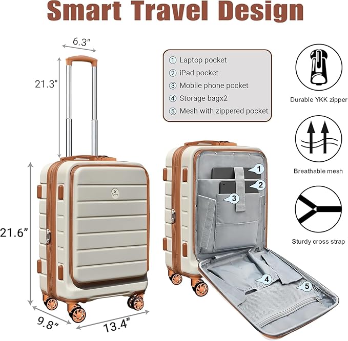 Classic 20" Carry-On with TSA Lock Spinner Wheels, Lightweight Hardside Expandable Suitcase with Front Open Pocket Compartment,Brown