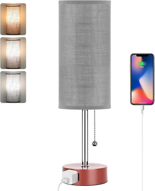 Dott Arts Table Lamp for Bedroom, 3-Color Bedside Lamps with Pull Chain | Bedroom Table Lamps for Nightstand,AC Outlet Small Lamp for Living Room, Bulb Included Grey Striped