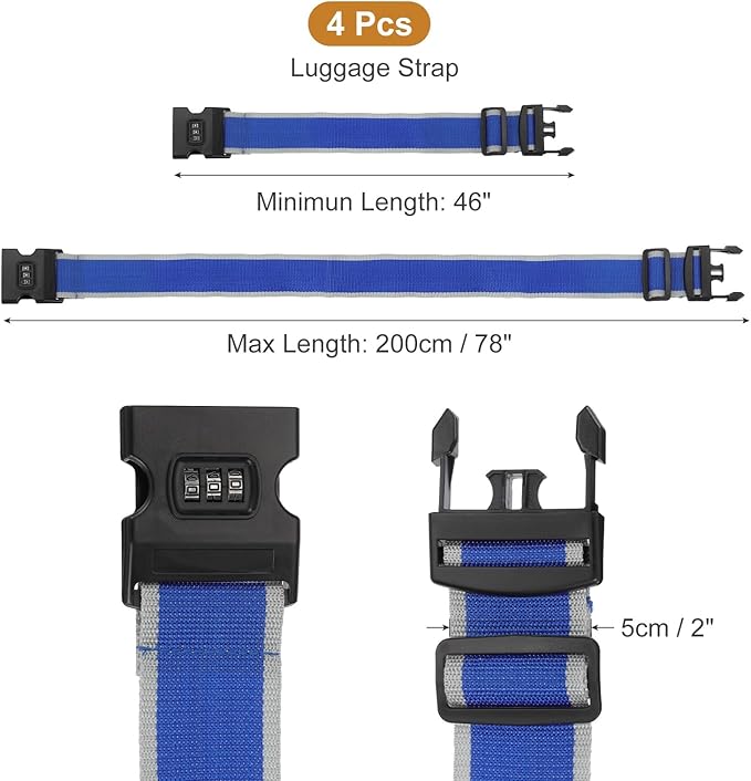 MECCANIXITY Luggage Straps with Combination Lock Adjustable Suitcase Belt Strap for Suitcase Briefcase Backpack Travel, Gray-Blue, Pack of 4