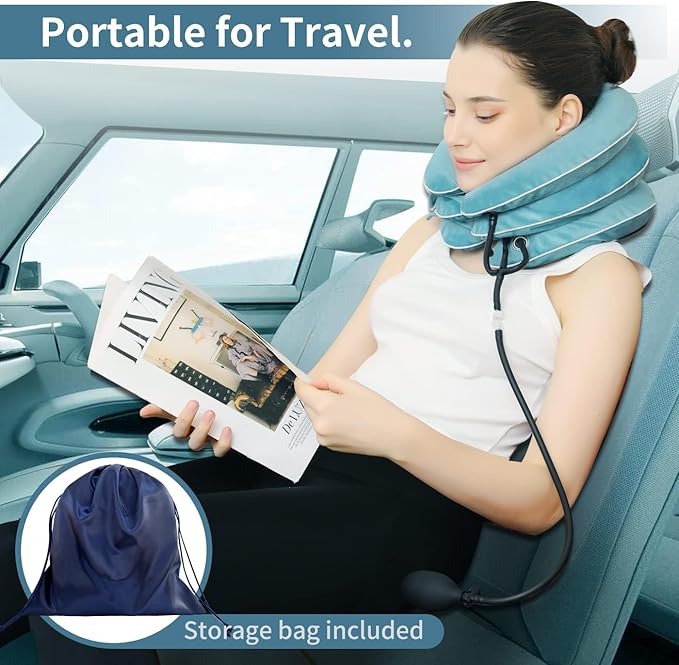 Cervical Neck Traction Device for Neck Pain Relief - Inflatable Neck Stretcher Traction Collar for Neck Decompression - Best Home Use Neck Brace Pump (Blue Plush)