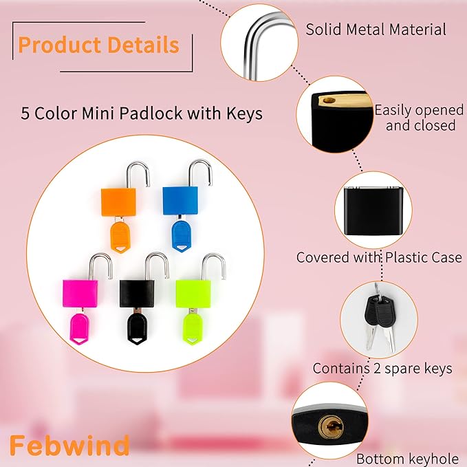 5 Pcs Suitcase Locks with Copper Keys Protect Your Belongings with Febwind's Set of 5 Mini Padlocks Multicolor Durable Locks for Suitcases Backpacks Boxes Cabinet and Laptop Bags