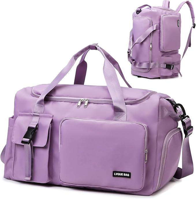 Eslcorri Gym Duffle Bag for Women Men, Sports Backpack with Wet & Shoe Compartment, Fitness Overnight Weekender Bag for Yoga, Swim, Travel (Style B, Light Purple)