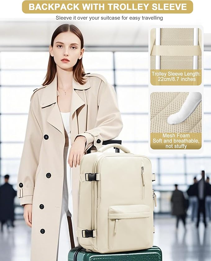 VGCUB Travel Backpack for Women Men for Spirit Airlines Personal Item Bag 18x14x8 Inches Laptop College Waterproof Carry on Flight Approved Work Backpack Mochila de Viaje,Beige
