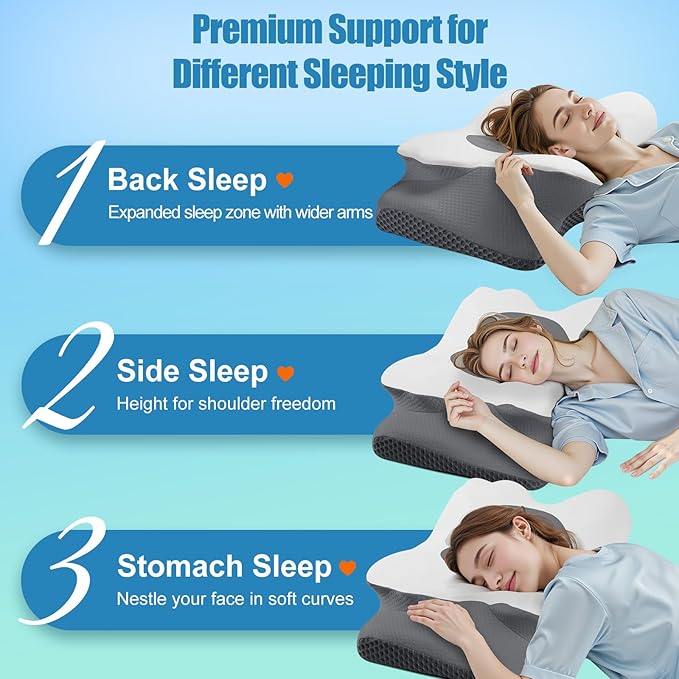 Cervical Neck Pillow for Sleeping, Memory Foam Pillow for Neck Support, Set of 2, Ergonomic Pillow for Pain Relief, Contour Bed Pillow for Side Back Stomach Sleepers, Grey, King Size