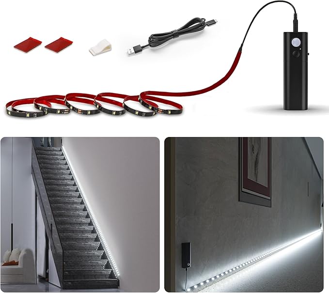 WOBANE LED Closet Light Motion Activated, White Battery Powered LED Strip | Stick-on Anywhere Homelife Motion Sensor LED Light,Rechargeable Night Light for Closet Hallway Stairway 6.56ft,6000K,Black