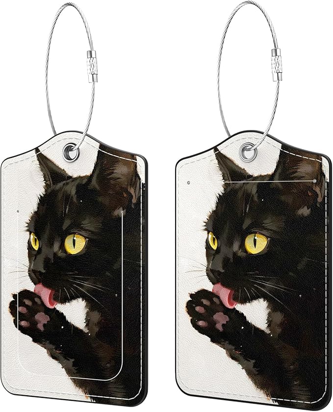2 Pack PU Leather Luggage Tags for Suitcases, Privacy Protection Cover with Stainless Steel Loop and Address Card, Travel Cruise Essentials (Black Cat)