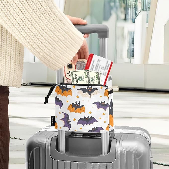 White Halloween Bats and Stars Luggage Cup Holder Travel Portable Free Hand Drink Carrier Suitcase Drinks Beverage Holder Carry-On Bottle Mug Holder Organizer Bag Travelers Accessories