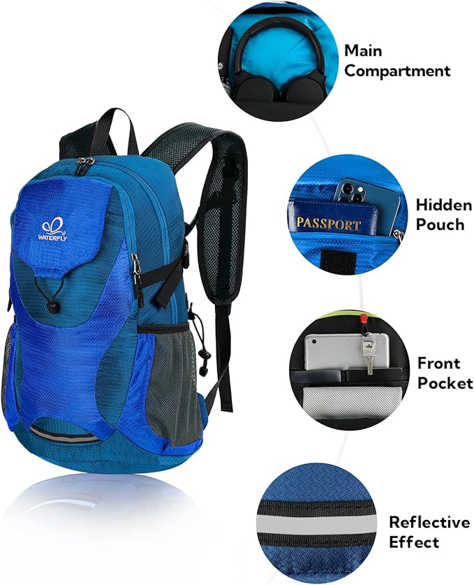WATERFLY Lightweight Packable Hiking Backpack: 30L Foldable Travel Daypack Ultralight Camping Day Pack for Woman Man