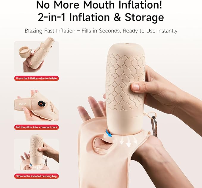 SUFU Ultra-Light Travel Neck Pillow - 68g Lighter Than Phone, 360° Neck Support, Adjustable Softness, 2-in-1 Inflation & Storage, Ideal for Airplane/Business Travel,Pink