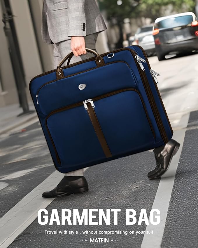 MATEIN Suit Bag Travel, Large Travel Garment Bag Up to 7 Suits with Strap, Business Foldable Garment Carrier Fit 17.3 inch laptop, 2 in 1 Carry On Hanging Luggage Suitcase with Shoe Compartment, Blue
