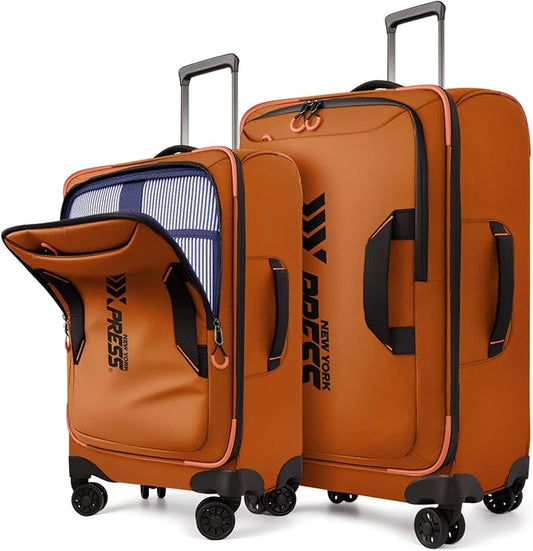 2-Piece Set（22in/26in） Front Opening,Softside Luggage Sets w/Double Spinner Wheels Suitcase,Waterproof,Lightweight Travel Luggage Rolling Suitcase（Orange,22in/26in）