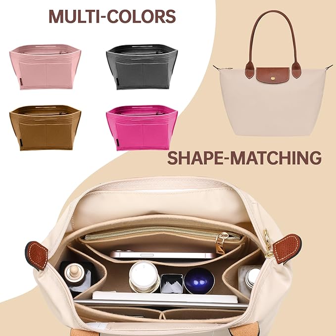 OPPOSHE Purse Organizer Insert for Longchamp Le Pliage, Premium Felt Long Champ Bag Handbag Women, Tote Organizer Insert with 9 Compartments (Large, Rosy)