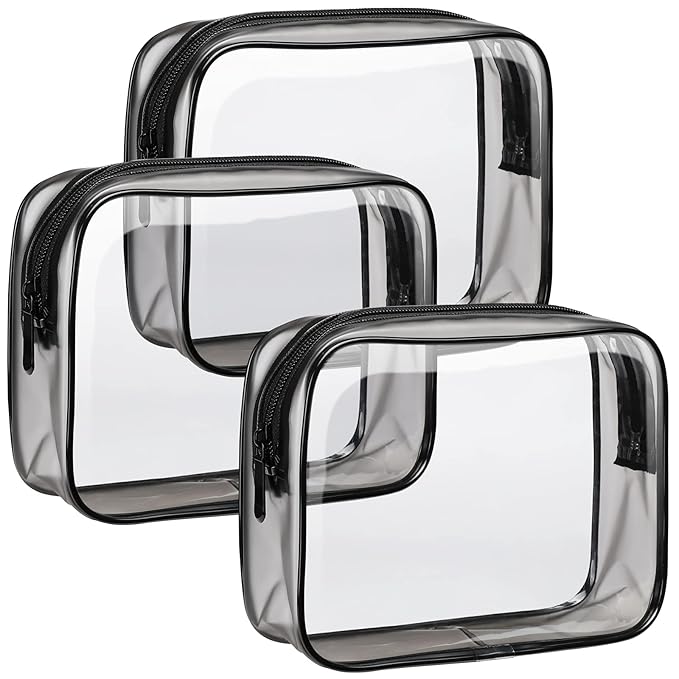 F-color TSA Approved Toiletry Bag 3 Pack Medium - Clear Makeup Bag Travel Quart Size for Women Men, Clear Cosmetic Bag Airport Airline Compliant Carry on Bag, Black Matte
