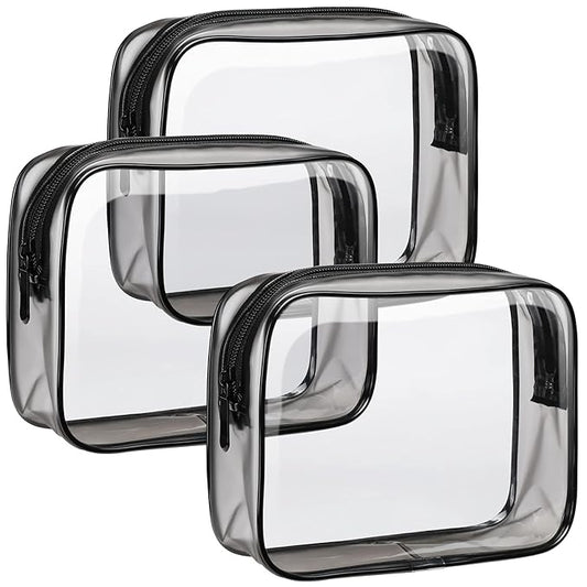 F-color TSA Approved Toiletry Bag 3 Pack Medium - Clear Makeup Bag Travel Quart Size for Women Men, Clear Cosmetic Bag Airport Airline Compliant Carry on Bag, Black Matte