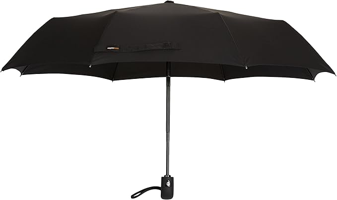 Amazon Basics Round Travel Umbrella for Rain, Compact Umbrella with Auto Open/Close, Strong Alloy Steel Frame, Compact Size for Backpacks/Handbags (11" Long When Closed), One Size, Black