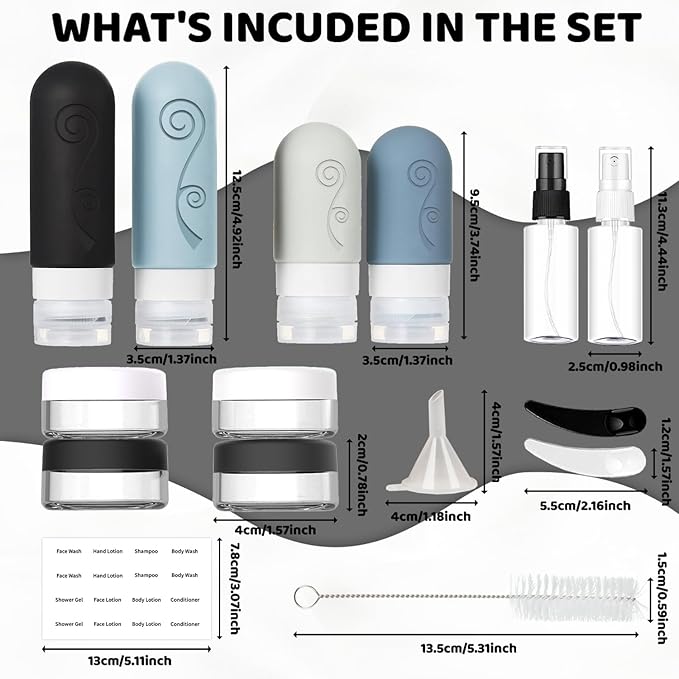 vodvob 16 Pack Travel Bottles Set for Toiletries, TSA Approved Travel Containers Leak Proof Silicone Squeezable Travel Accessories 2oz 3oz for Shampoo Conditioner Lotion Body Wash (BPA Free) (black)