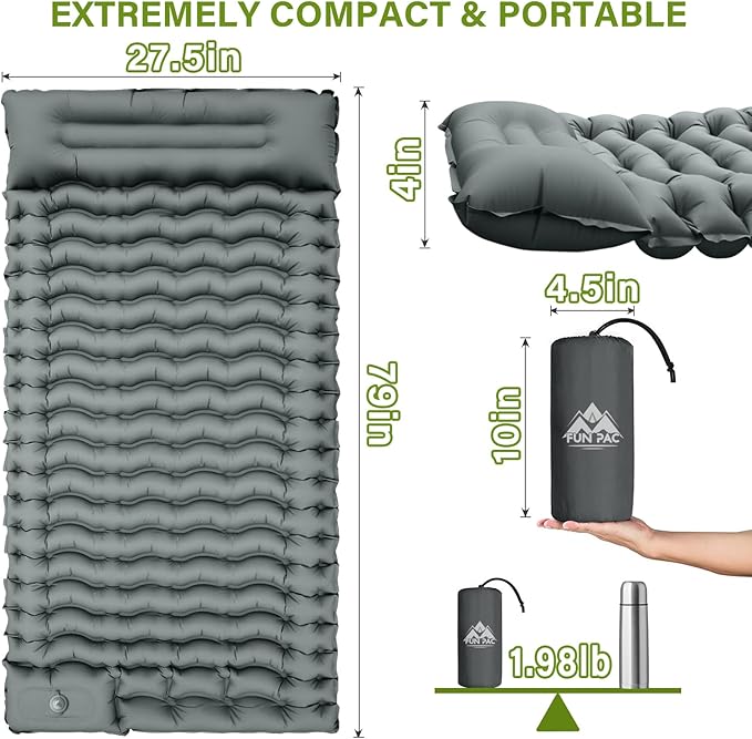 Camping Sleeping Pad, Ultralight Camping Mat with Pillow Built-in Foot Pump Inflatable Sleeping Pads Compact for Camping Backpacking Hiking Traveling - Gray